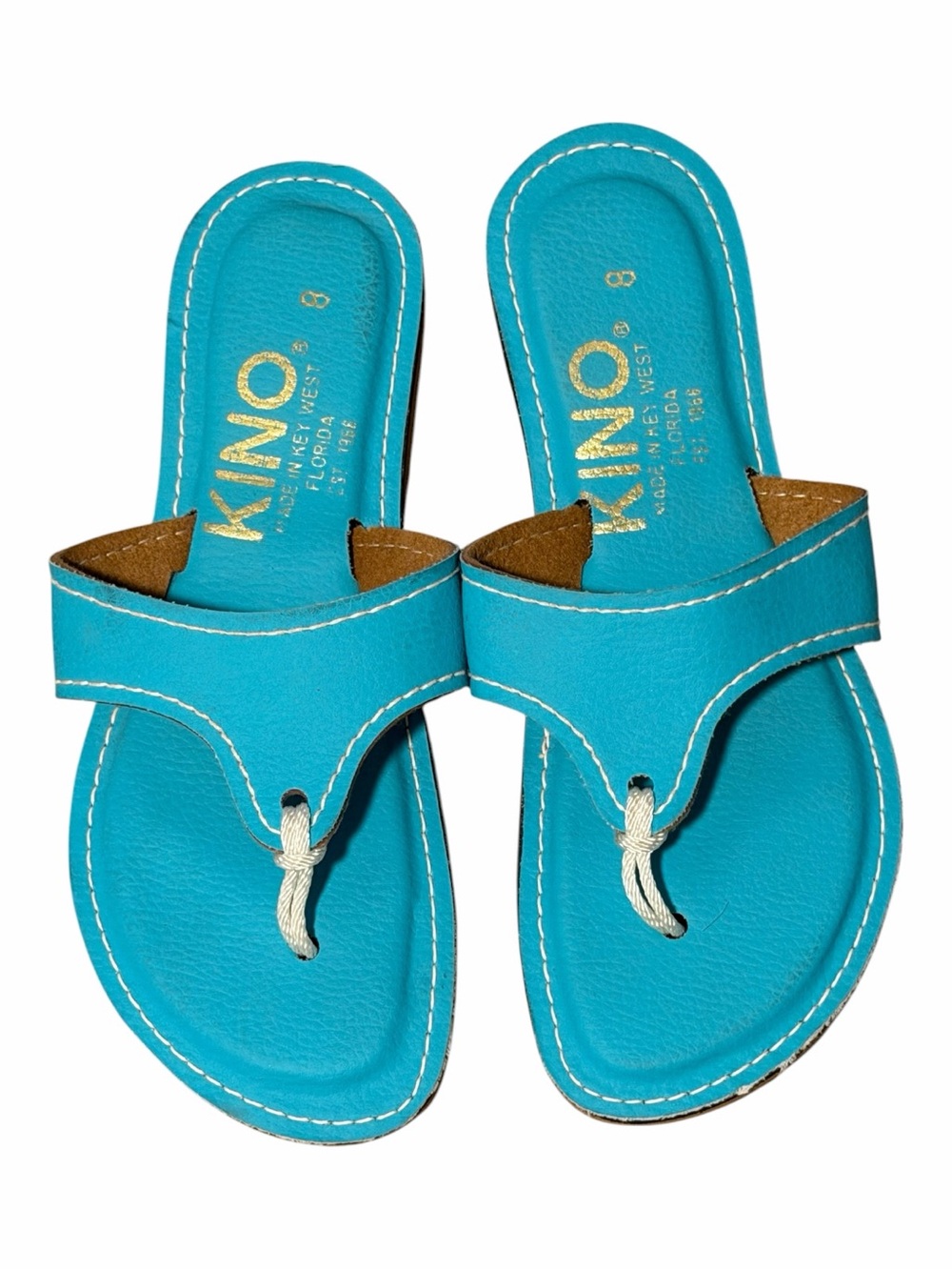 KINO made in Key West Turquoise Teal Handmade Leather Flip Flop Sandals. Size 8.